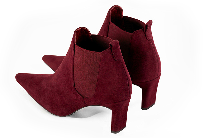 Burgundy red women's ankle boots, with elastics. Pointed toe. Medium comma heels. Rear view - Florence KOOIJMAN